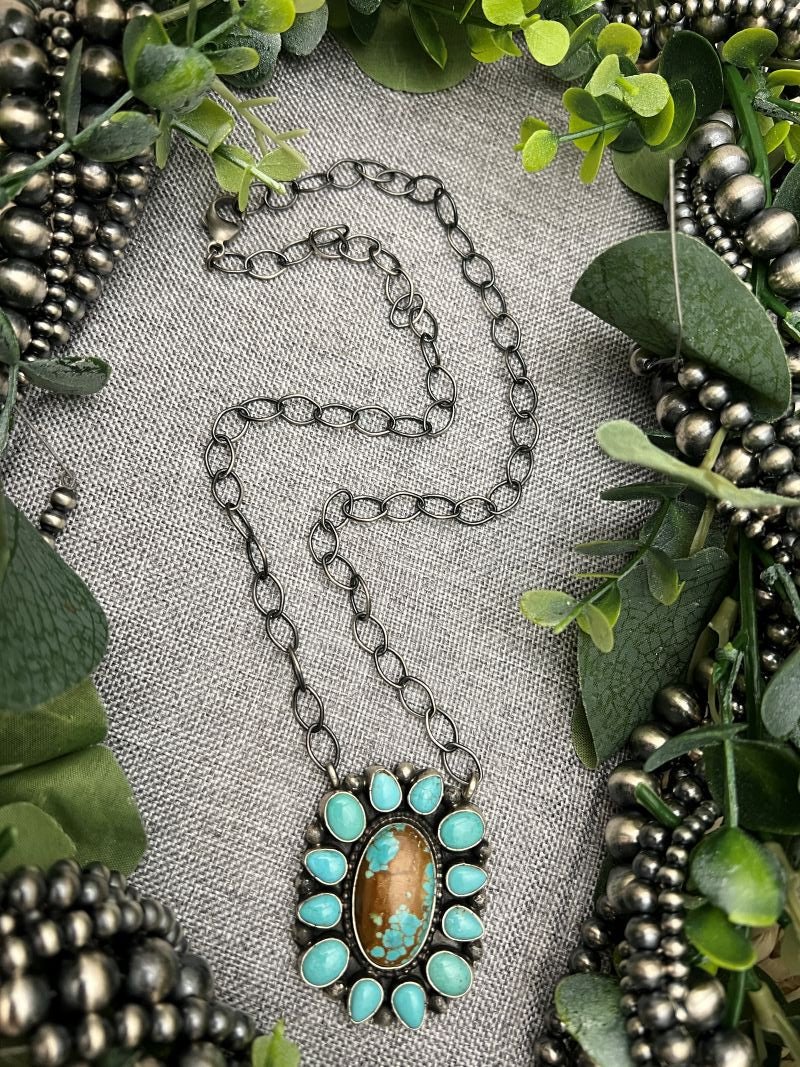 Sheila Becenti 13 - stone Turquoise Mine 8 Bar Necklace - Sunset Turquoise Mountain