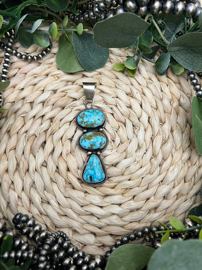 Sheila Becenti 3 - stone Kingman Turquoise Pendant - Sunset Turquoise Mountain