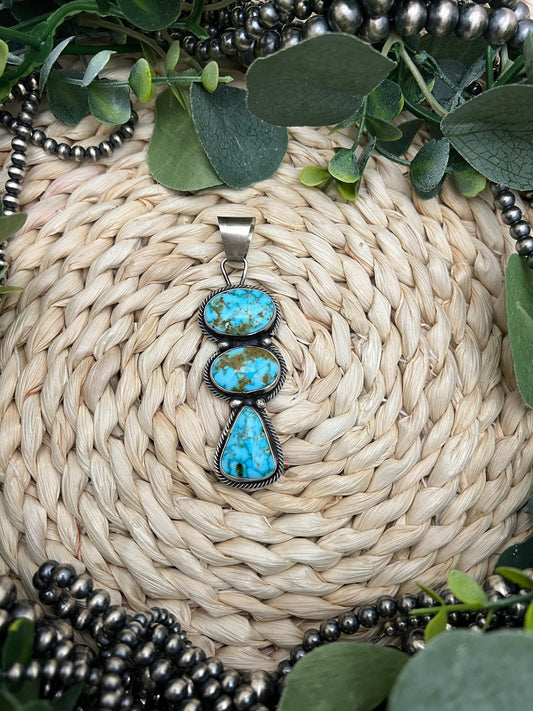 Sheila Becenti 3 - stone Kingman Turquoise Pendant - Sunset Turquoise Mountain