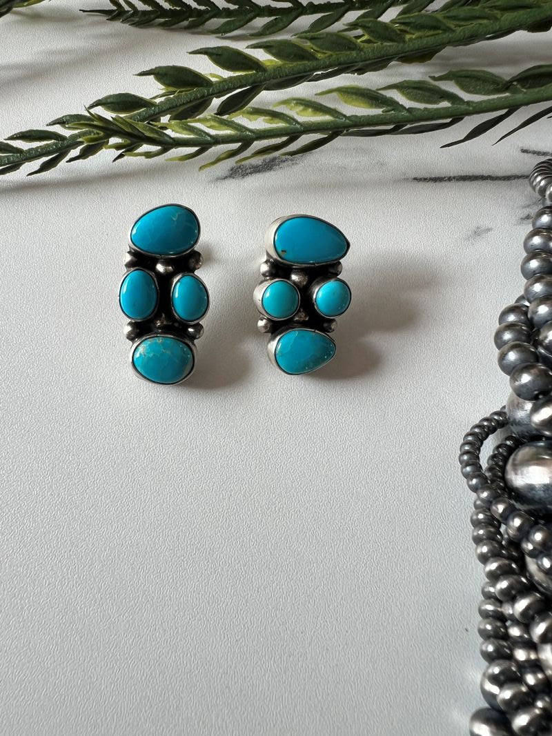 Sheila Becenti 4 - stone Turquoise Post Earrings - Sunset Turquoise Mountain