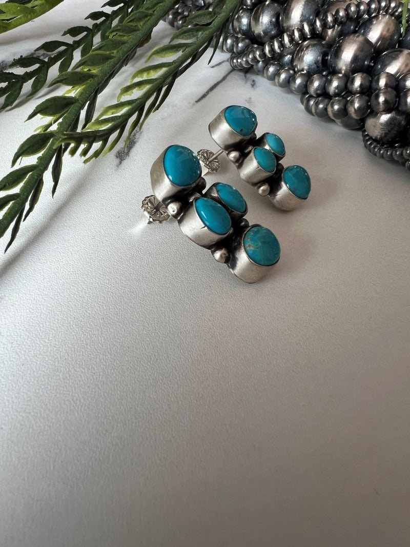Sheila Becenti 4 - stone Turquoise Post Earrings - Sunset Turquoise Mountain