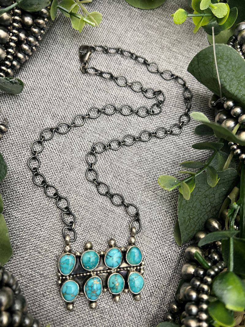 Sheila Becenti 8 - stone Sonoran Turquoise Bar Necklace - Sunset Turquoise Mountain