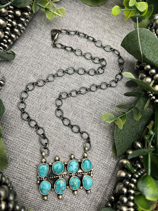 Sheila Becenti 8 - stone Sonoran Turquoise Bar Necklace - Sunset Turquoise Mountain