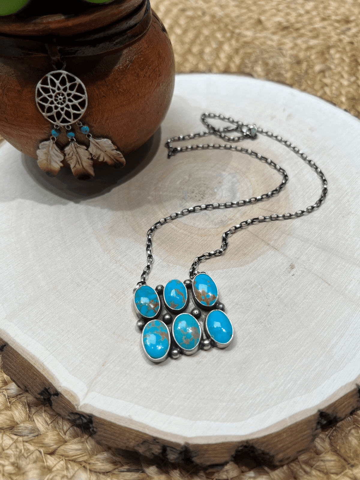 Sheila Tso Navajo Artist 6 Stone Turquoise Bar Necklace 19.5" Chain Oxidized Sterling Silver - Sunset Turquoise Mountain