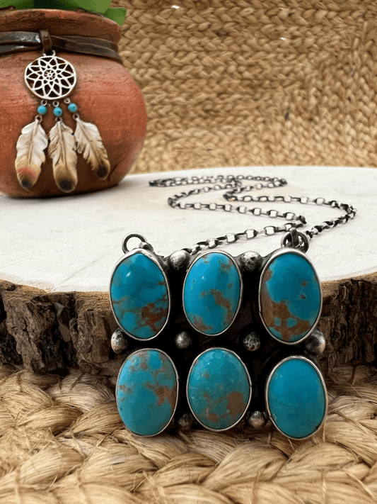 Sheila Tso Navajo Artist 6 Stone Turquoise Bar Necklace 19.5" Chain Oxidized Sterling Silver - Sunset Turquoise Mountain