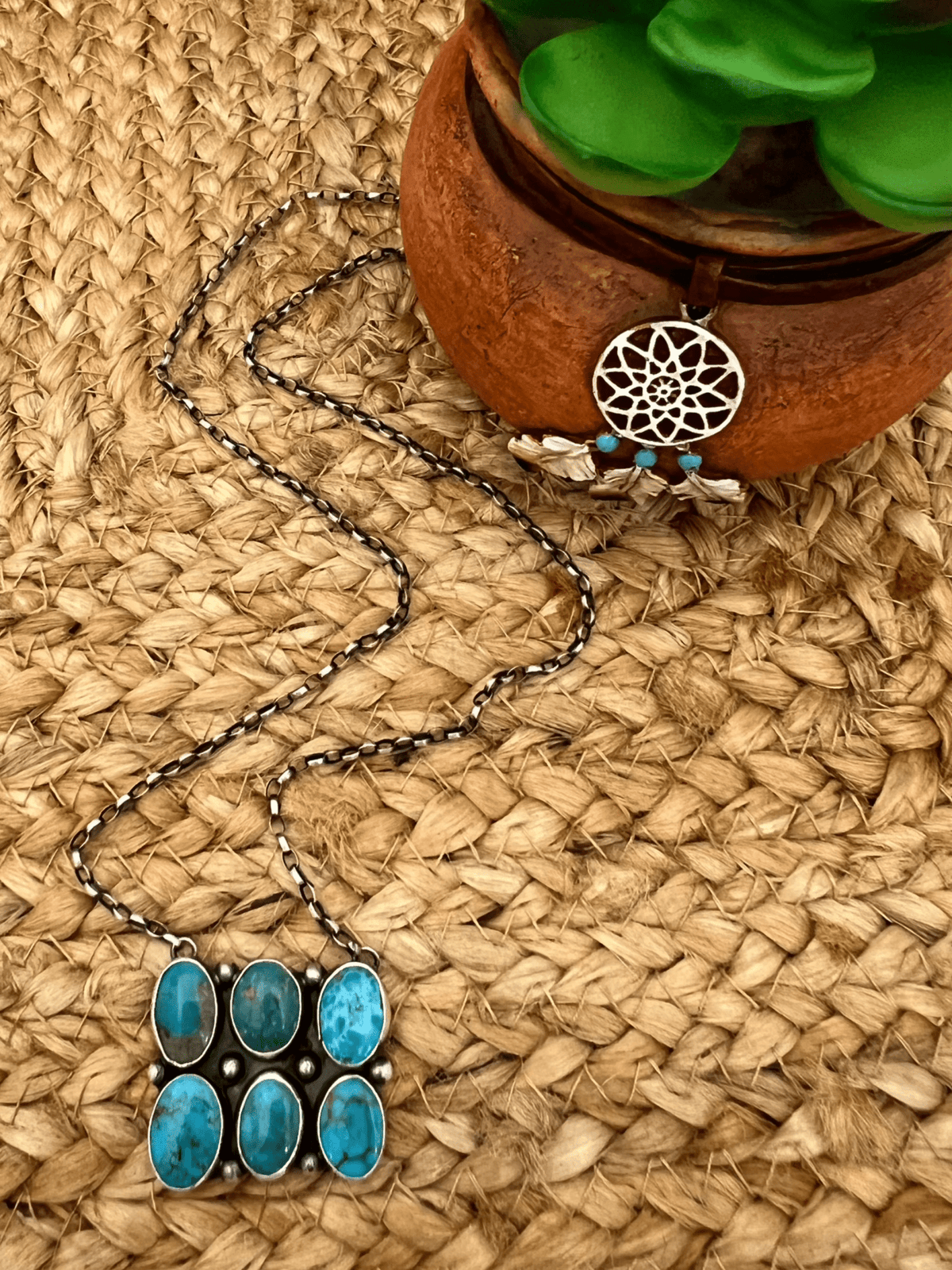 Sheila Tso Navajo Artist 6 Stone Turquoise Bar Necklace 19.5" Chain Oxidized Sterling Silver - Sunset Turquoise Mountain