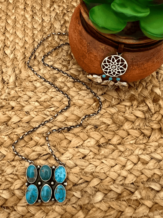 Sheila Tso Navajo Artist 6 Stone Turquoise Bar Necklace 19.5" Chain Oxidized Sterling Silver - Sunset Turquoise Mountain