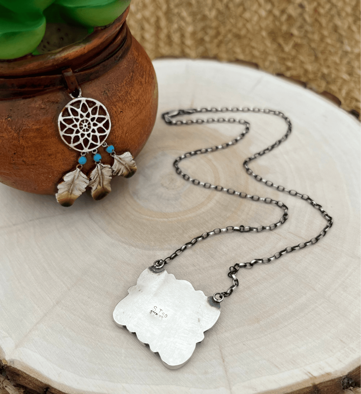 Sheila Tso Navajo Artist 6 Stone Turquoise Bar Necklace 19.5" Chain Oxidized Sterling Silver - Sunset Turquoise Mountain