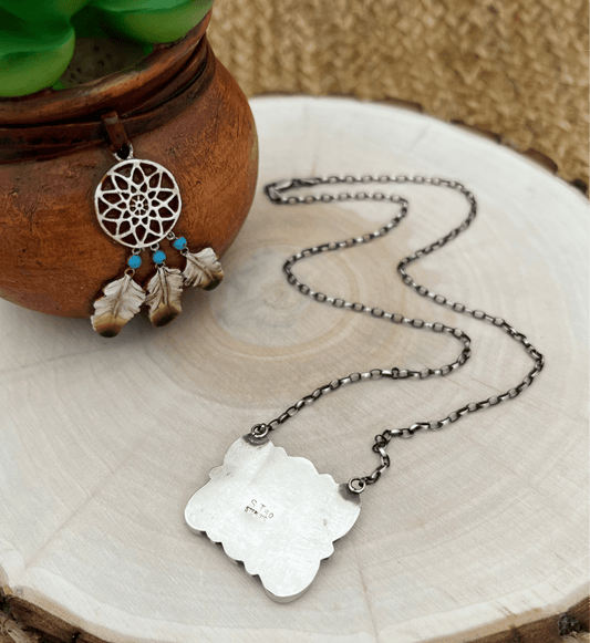 Sheila Tso Navajo Artist 6 Stone Turquoise Bar Necklace 19.5" Chain Oxidized Sterling Silver - Sunset Turquoise Mountain