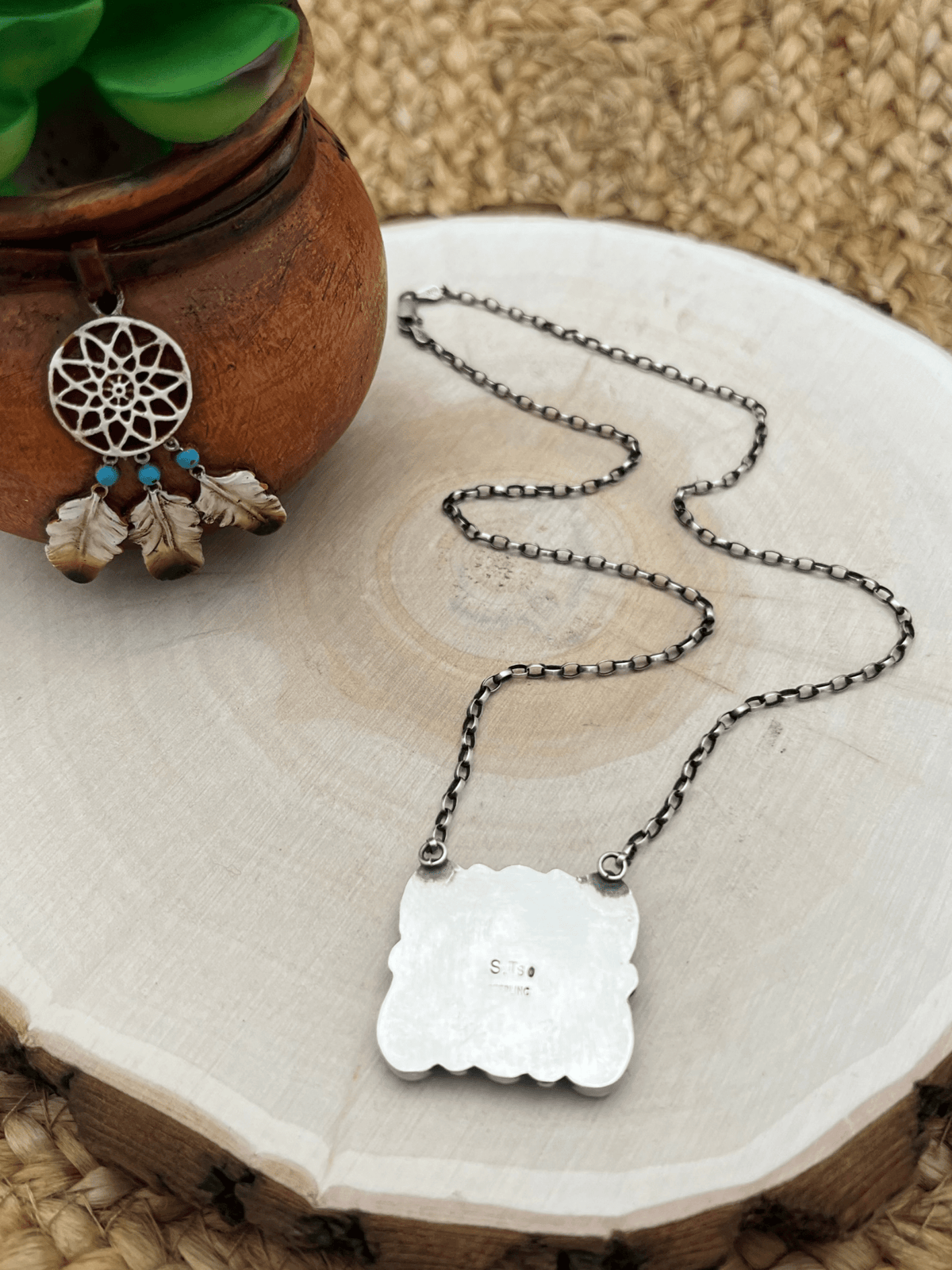 Sheila Tso Navajo Artist 6 Stone Turquoise Bar Necklace 19.5" Chain Oxidized Sterling Silver - Sunset Turquoise Mountain