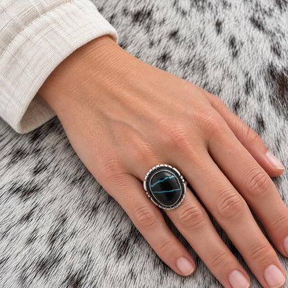 Sierra Nevada Turquoise Ring by Dave Skeets — lifestyle (approximate worn scale)