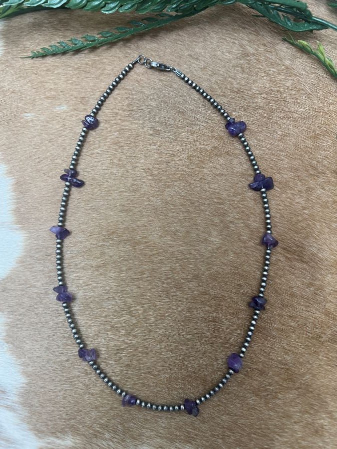 Silver Desert Pearls & Amethyst Chips Necklace - Sunset Turquoise Mountain