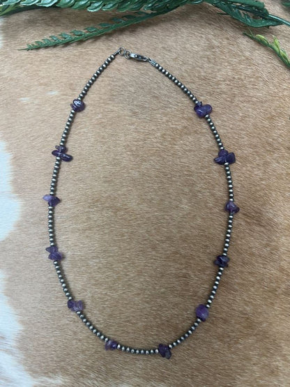 Silver Desert Pearls & Amethyst Chips Necklace - Sunset Turquoise Mountain