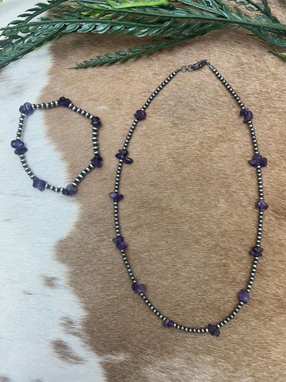 Silver Desert Pearls & Amethyst Chips Necklace - Sunset Turquoise Mountain