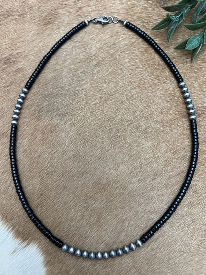 Silver Desert Pearls & Onyx Heishi Necklace - Sunset Turquoise Mountain