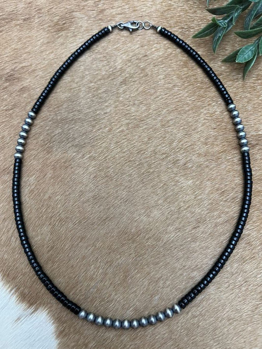 Silver Desert Pearls & Onyx Heishi Necklace - Sunset Turquoise Mountain