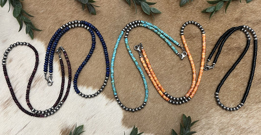 Silver Desert Pearls & Onyx Heishi Necklace - Sunset Turquoise Mountain