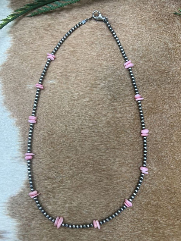 Silver Desert Pearls & Pink Conch Chips Necklace - Sunset Turquoise Mountain