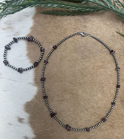 Silver Desert Pearls & Purple Spiny Oyster Chips Necklace - Sunset Turquoise Mountain