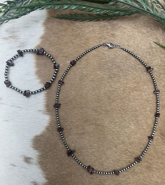 Silver Desert Pearls & Purple Spiny Oyster Chips Necklace - Sunset Turquoise Mountain
