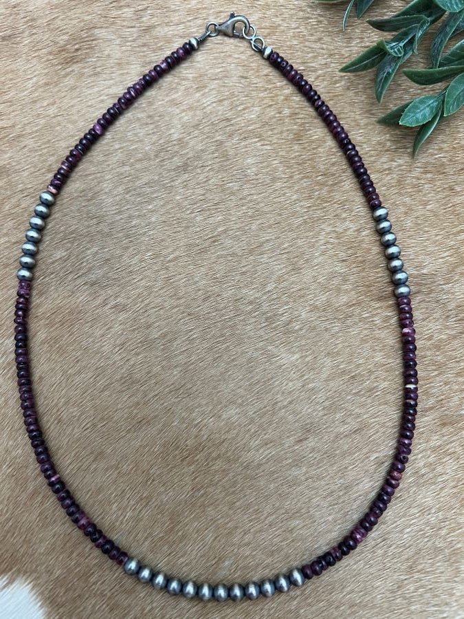 Silver Desert Pearls & Purple Spiny Oyster Shell Heishi Necklace - Sunset Turquoise Mountain