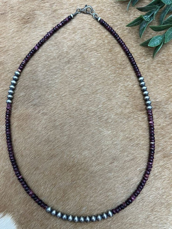 Silver Desert Pearls & Purple Spiny Oyster Shell Heishi Necklace - Sunset Turquoise Mountain