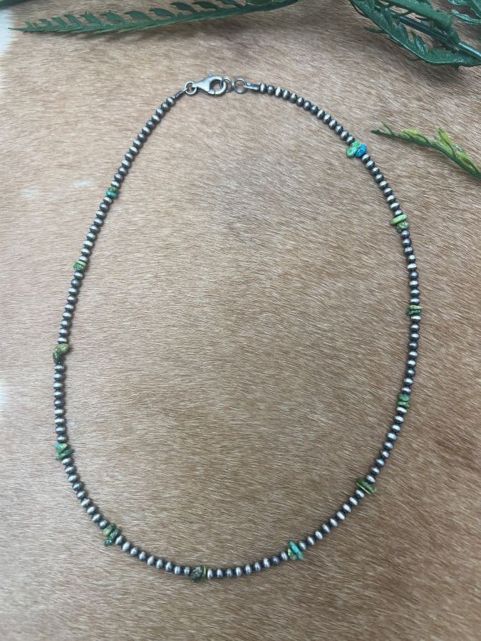 Silver Desert Pearls & Sonoran Gold Turquoise Chips Necklace - Sunset Turquoise Mountain