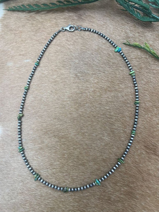 Silver Desert Pearls & Sonoran Gold Turquoise Chips Necklace - Sunset Turquoise Mountain