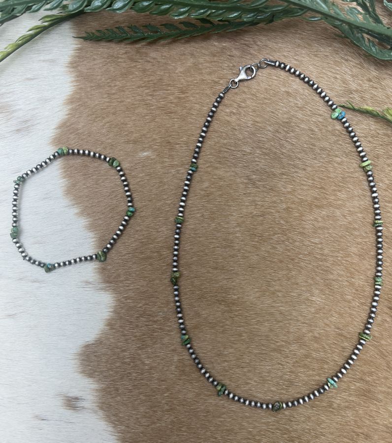 Silver Desert Pearls & Sonoran Gold Turquoise Chips Necklace - Sunset Turquoise Mountain