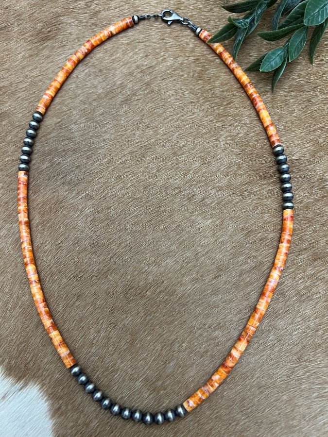 Silver Desert Pearls & Spiny Oyster Shell Heishi Necklace - Sunset Turquoise Mountain