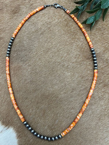 Silver Desert Pearls & Spiny Oyster Shell Heishi Necklace - Sunset Turquoise Mountain