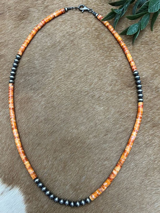 Silver Desert Pearls & Spiny Oyster Shell Heishi Necklace - Sunset Turquoise Mountain