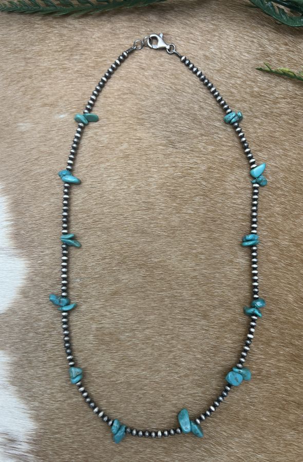 Silver Desert Pearls & Turquoise Chips Necklace - Sunset Turquoise Mountain
