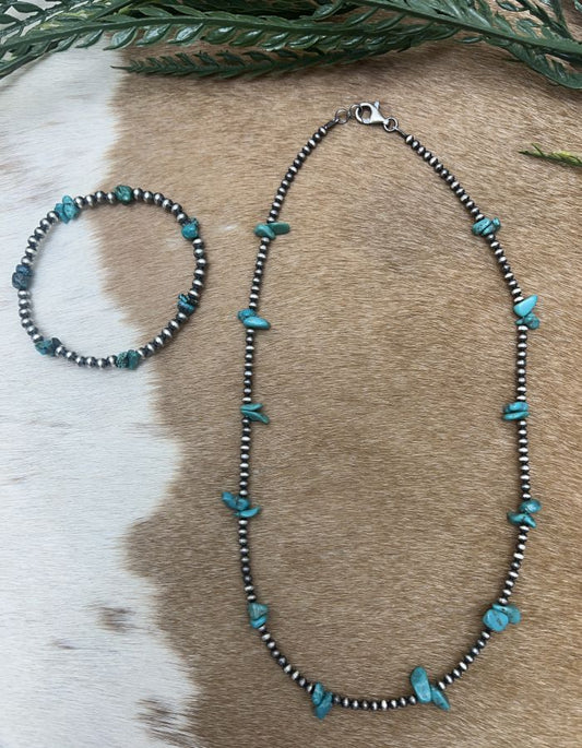 Silver Desert Pearls & Turquoise Chips Necklace - Sunset Turquoise Mountain