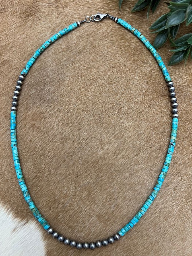 Silver Desert Pearls & Turquoise Heishi Necklace - Sunset Turquoise Mountain
