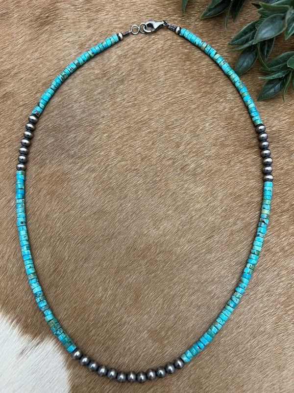 Silver Desert Pearls & Turquoise Heishi Necklace - Sunset Turquoise Mountain