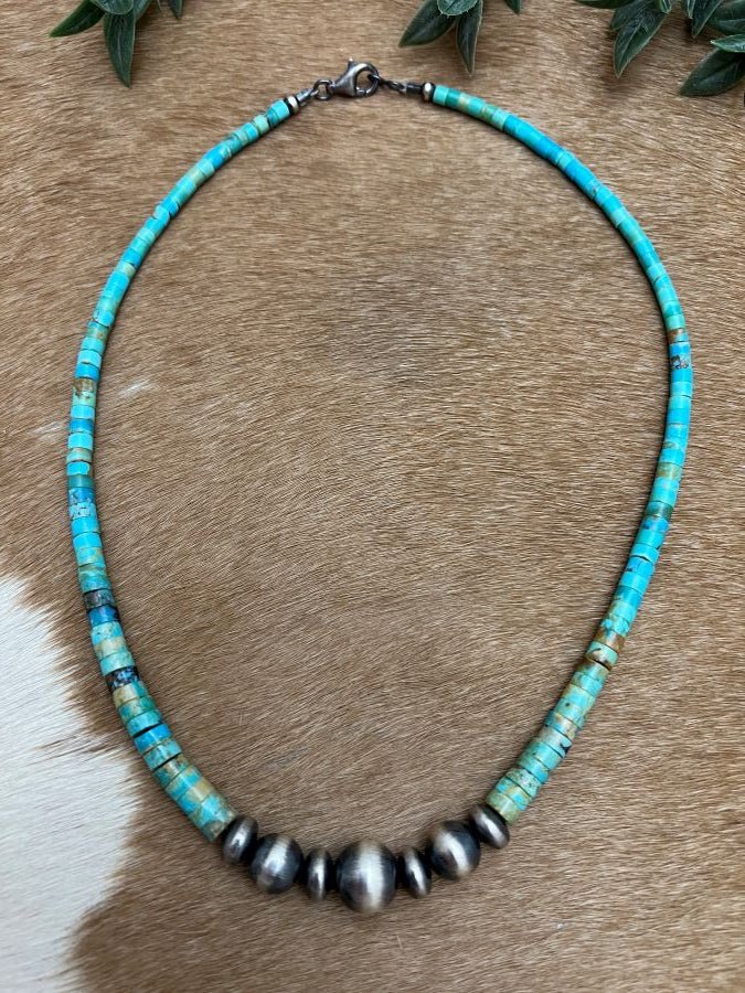 Silver Desert Pearls & Turquoise Mine 8 Heishi Necklace - Sunset Turquoise Mountain