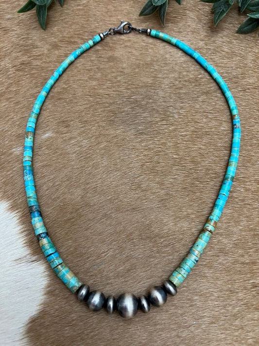 Silver Desert Pearls & Turquoise Mine 8 Heishi Necklace - Sunset Turquoise Mountain