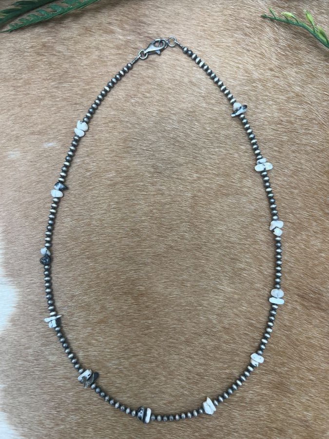Silver Desert Pearls & White Buffalo Chips Necklace - Sunset Turquoise Mountain