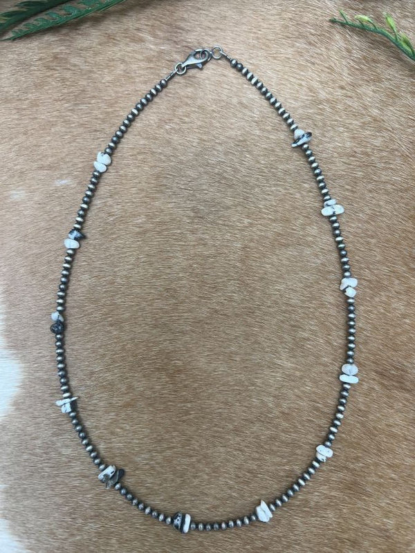 Silver Desert Pearls & White Buffalo Chips Necklace - Sunset Turquoise Mountain