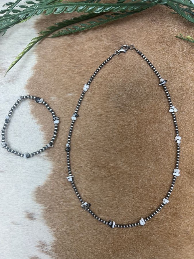Silver Desert Pearls & White Buffalo Chips Necklace - Sunset Turquoise Mountain