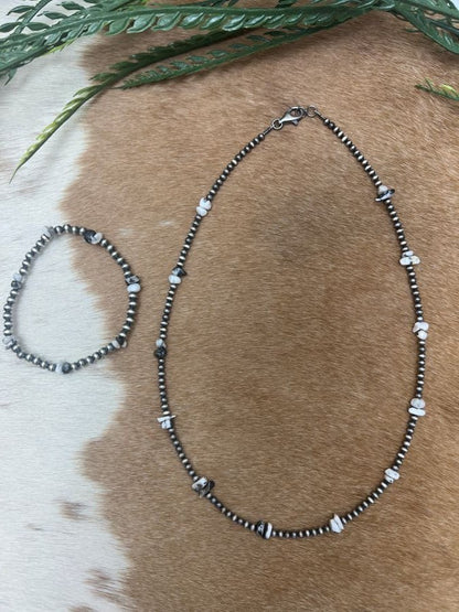 Silver Desert Pearls & White Buffalo Chips Necklace - Sunset Turquoise Mountain