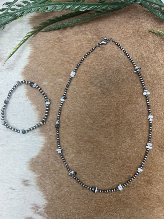 Silver Desert Pearls & White Buffalo Chips Necklace - Sunset Turquoise Mountain
