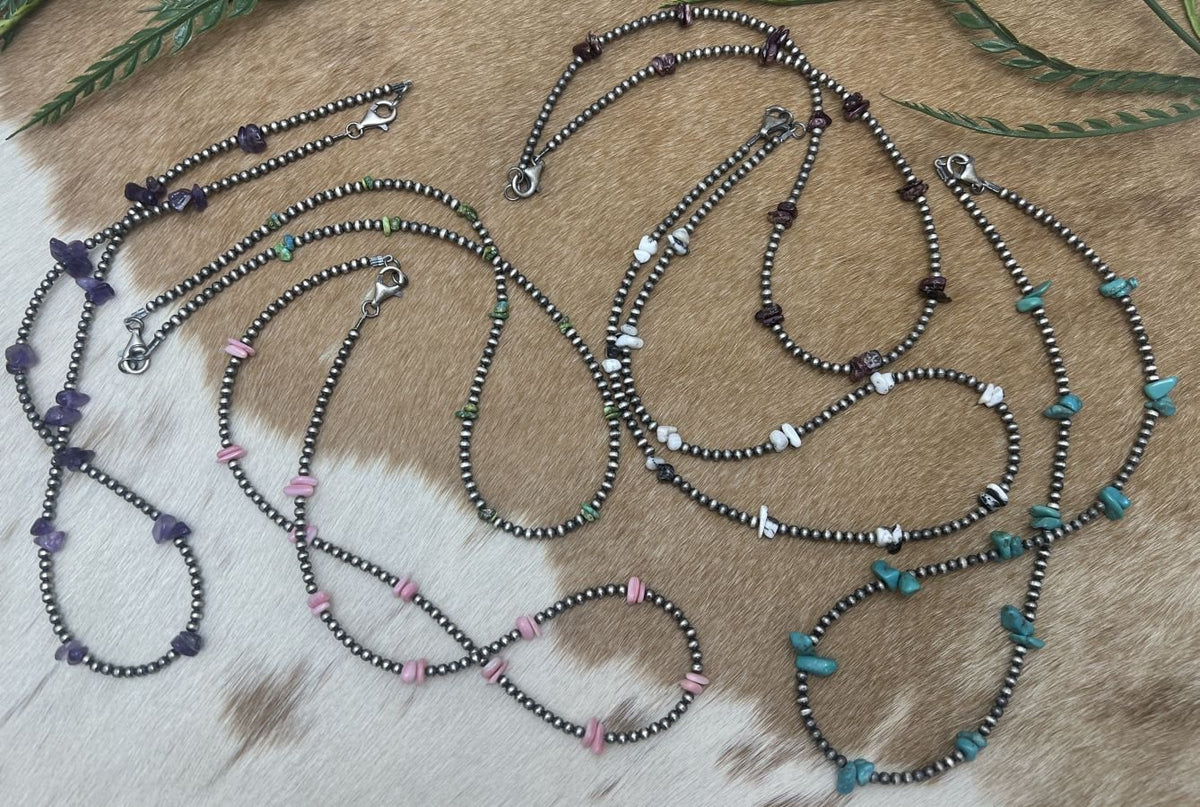 Silver Desert Pearls & White Buffalo Chips Necklace - Sunset Turquoise Mountain