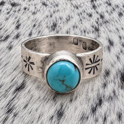 Sonoran Turquoise Ring - 5mm Wide Band with Native Stamping — closeup