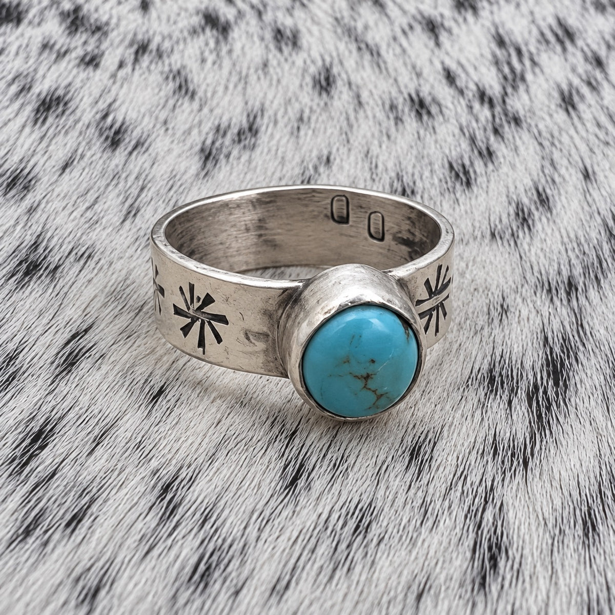 Sonoran Turquoise Ring - 5mm Wide Band with Native Stamping — angle