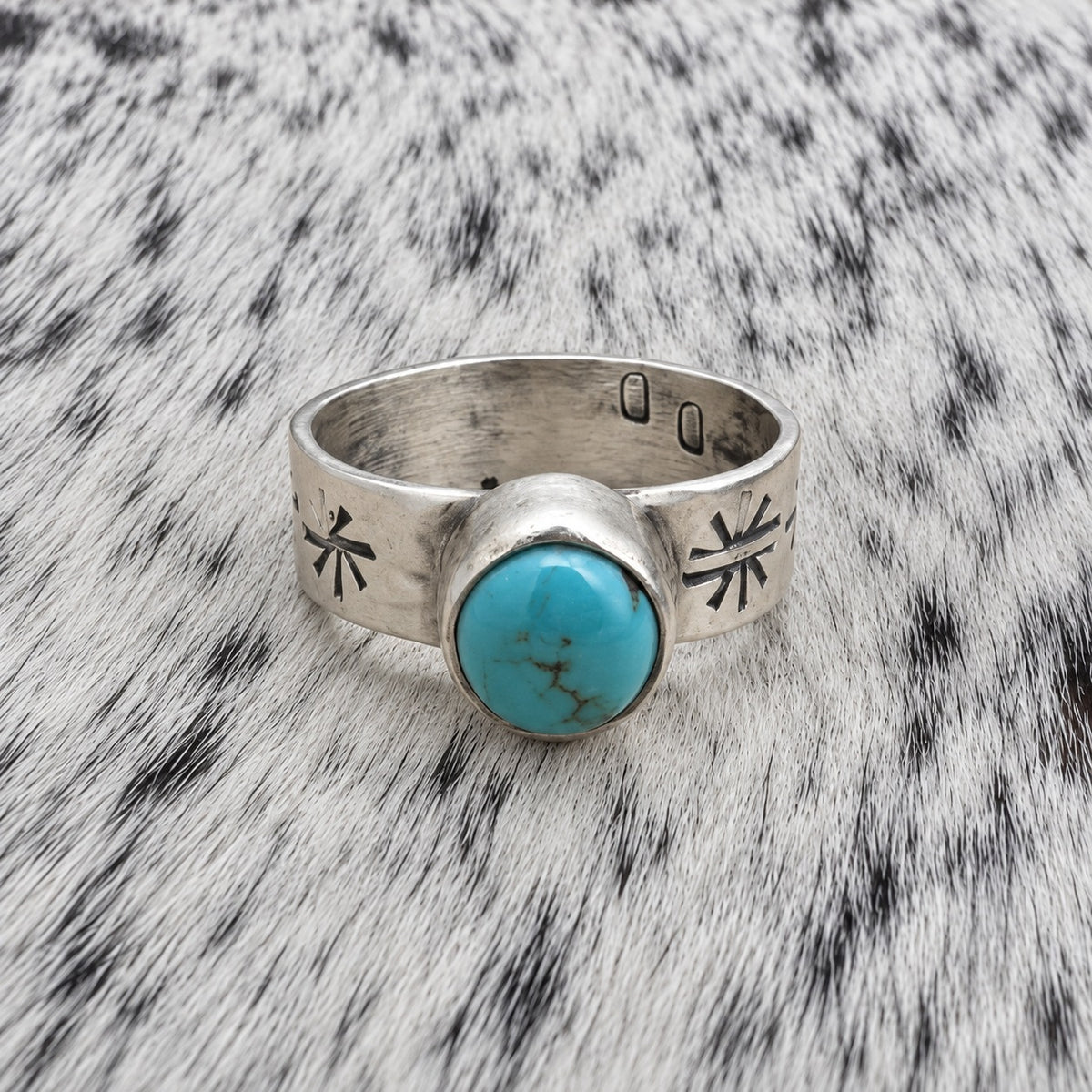 Sonoran Turquoise Ring - 5mm Wide Band with Native Stamping — front
