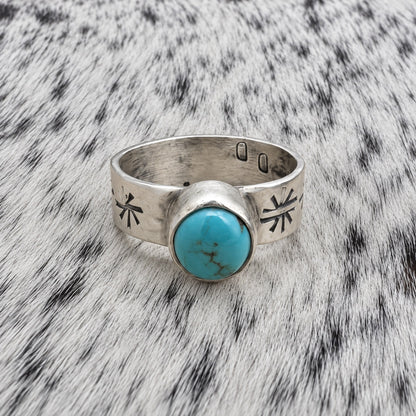 Sonoran Turquoise Ring - 5mm Wide Band with Native Stamping — front