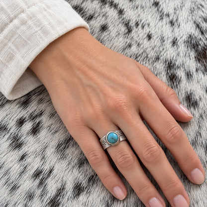 Sonoran Turquoise Ring - 5mm Wide Band with Native Stamping — lifestyle (approximate worn scale)