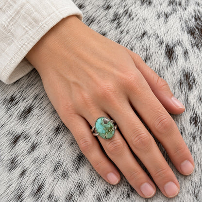 Sonoran Turquoise Ring by Susan Cooke — worn on an adult hand; approximate scale